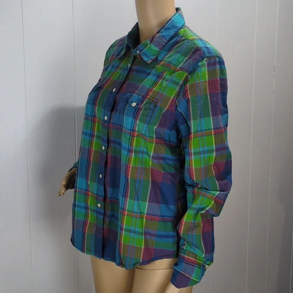 Ralph Lauren Colorful Green & Blue Plaid Snap Button-Up Shirt Large - Picture 10 of 11